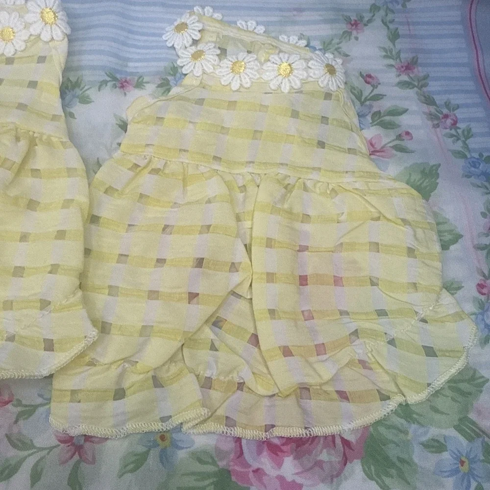 Lot of 2 Matching Yellow Gingham Kitty Cat Dresses Size XS Daisy Trim New No Tag